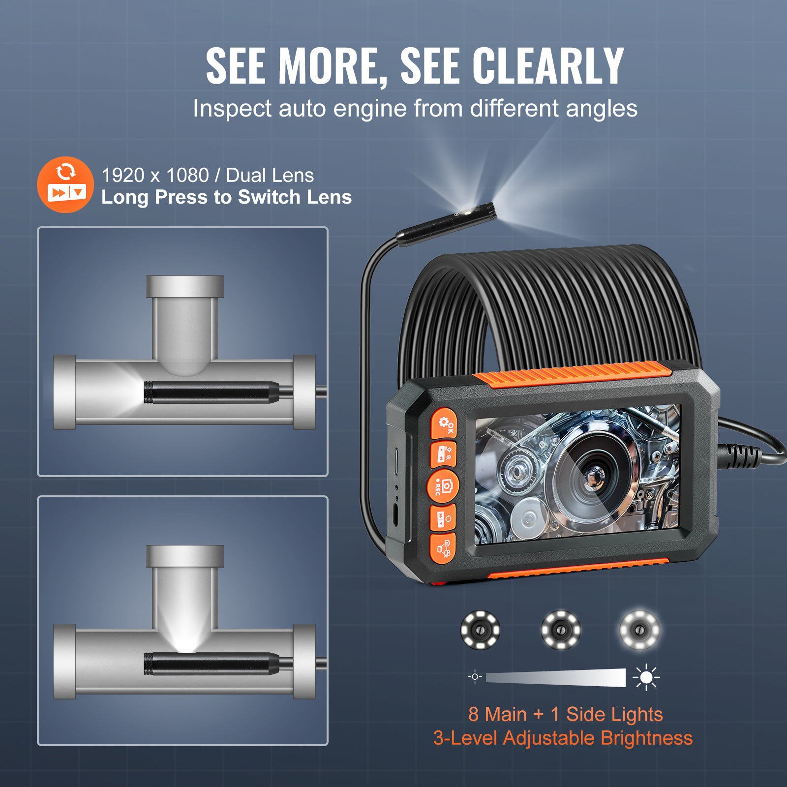 Endoscope Camera with Lights Dual Lens Borescope 49.2FT Cable 4.3" Screen
