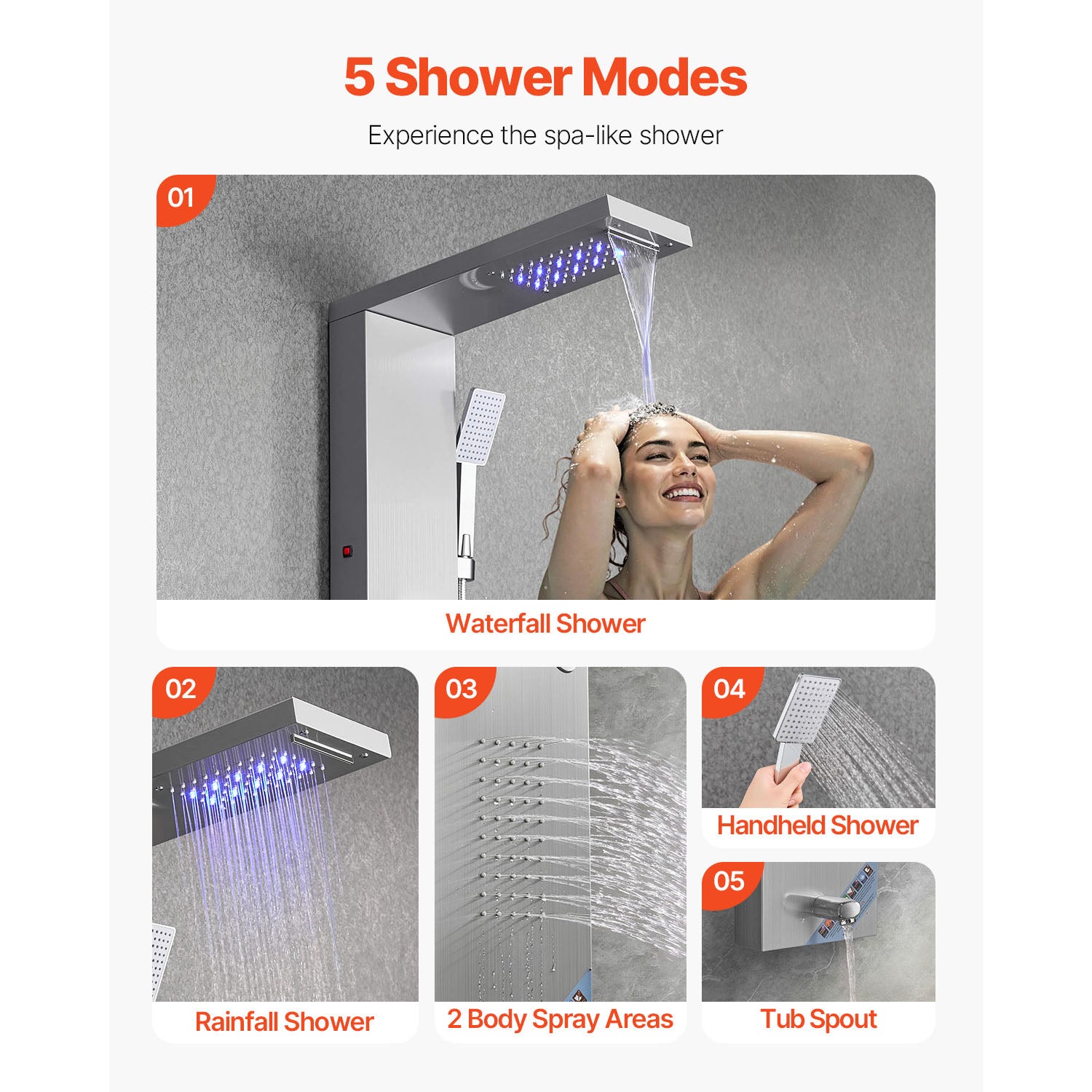 Shower Panel Tower System Stainless Steel Column Rainfall Waterfall Head 5 Modes