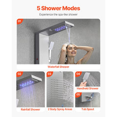 Shower Panel Tower System Stainless Steel Column Rainfall Waterfall Head 5 Modes