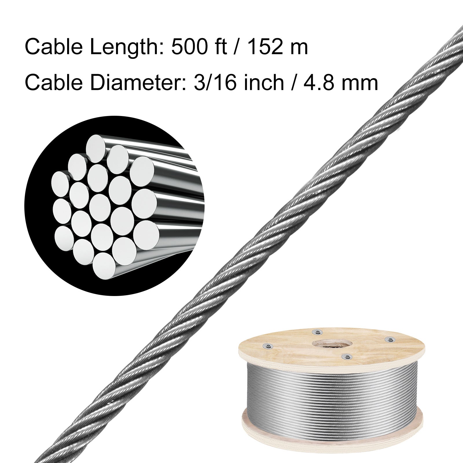 316 Stainless Steel Wire Rope 500ft Length, Steel Wire Cable 3/16 Inch, Steel Cable Railing Decking With 1x19 Strands Construction, 4700lbs Breaking Strength For Stair, Handrail, Clothesline
