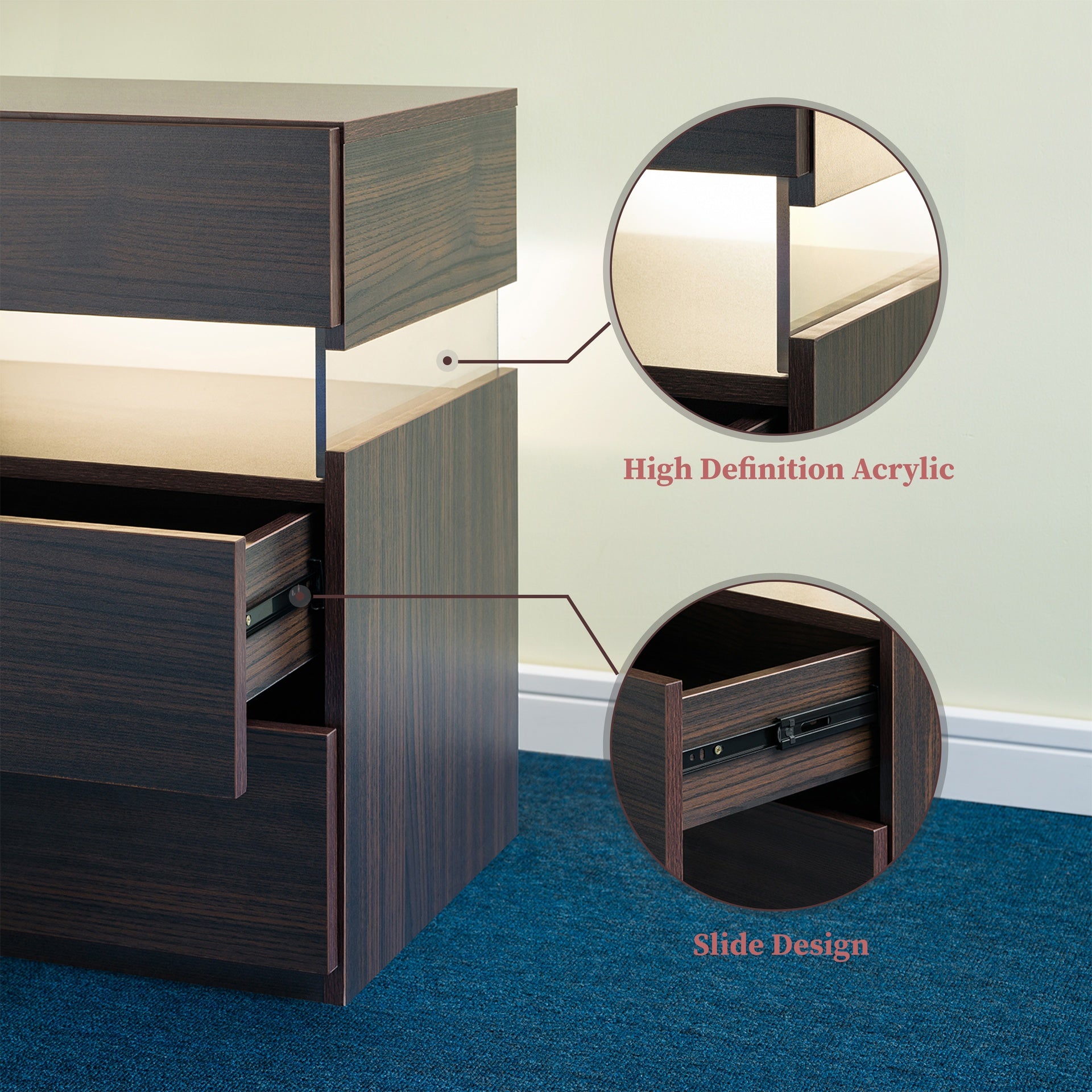 LED Nightstands 3 Drawer Dresser for Bedroom End Table with Acrylic Board LED Bedside Tables (Walnut)