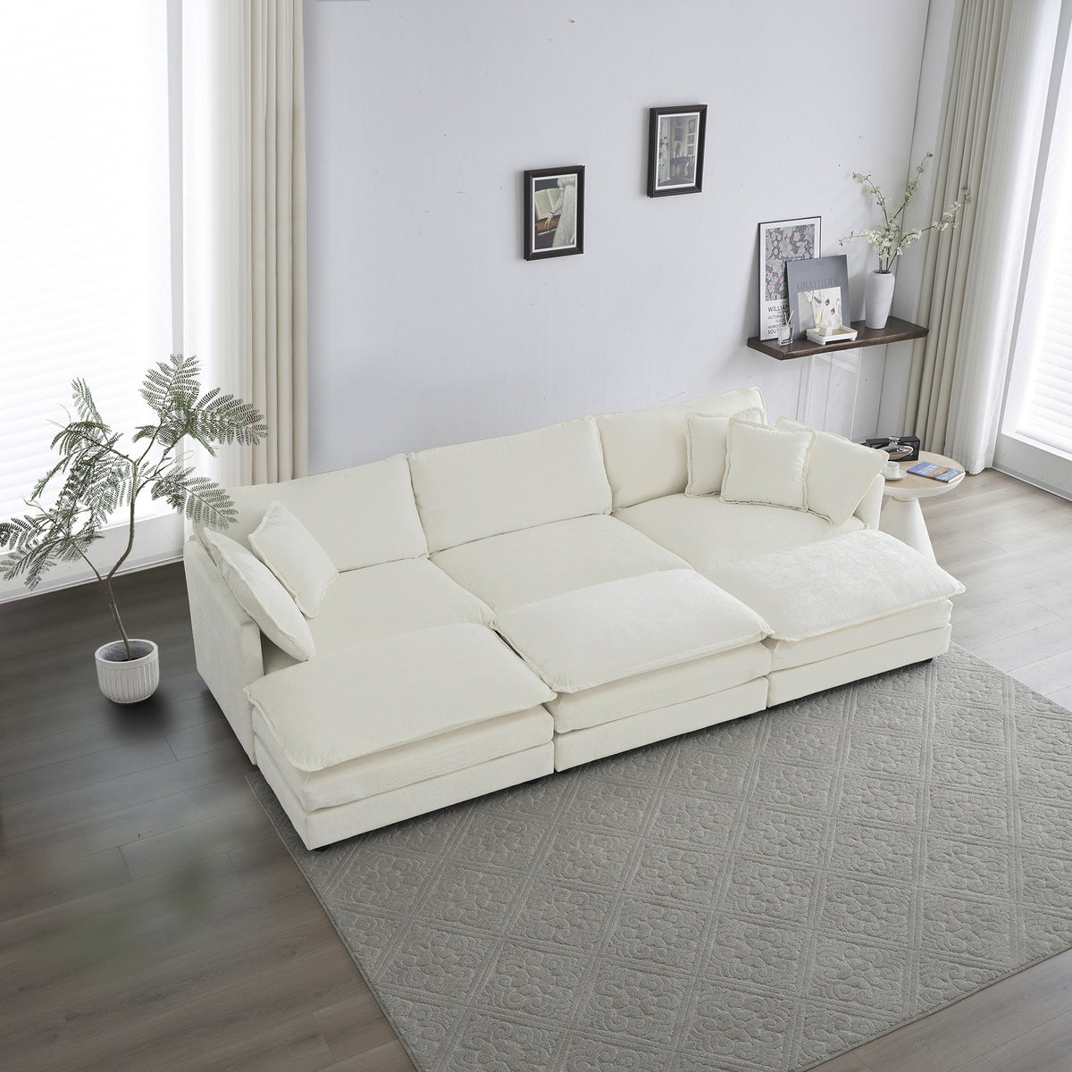 Comfortable Deep Seat Reversible Modular 6 Seater Sectional Super Soft Sofa U Shaped Sectional Couch with 3 Ottomans, 3 Toss Pillows and 2 Arm Pillows