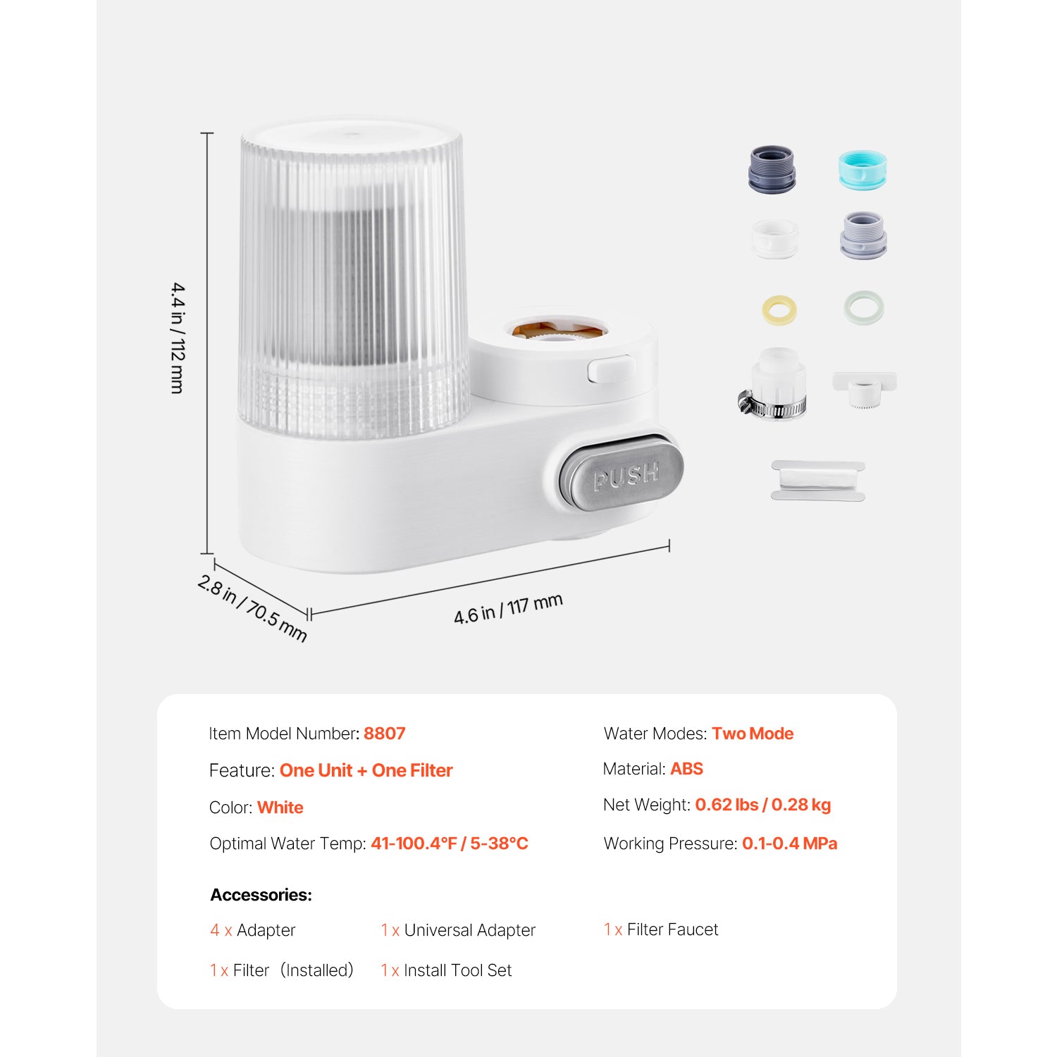 Faucet Mount Water Filter Sink Water Purifier for Kitchen Vertical White