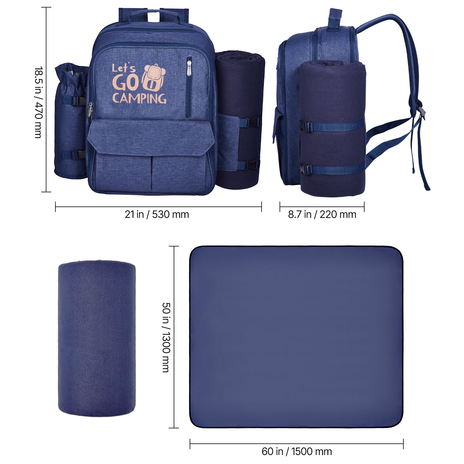 Beach Picnic Backpack Bag for 4 Person with Cooler Compartment Navy Blue