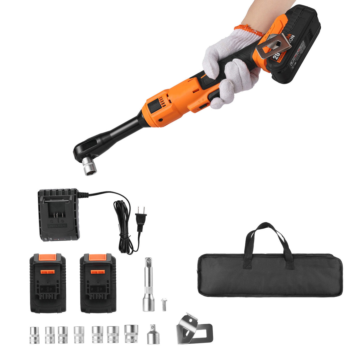 Cordless Ratchet Wrench, 3/8 inch Drive, 230 RPM, up to 66 ft-lbs of Torque, Battery Powered Electric Ratchet Wrench Set with Two 2.0Ah Batteries, Charger, Sockets, Adaptors and Cloth Bag