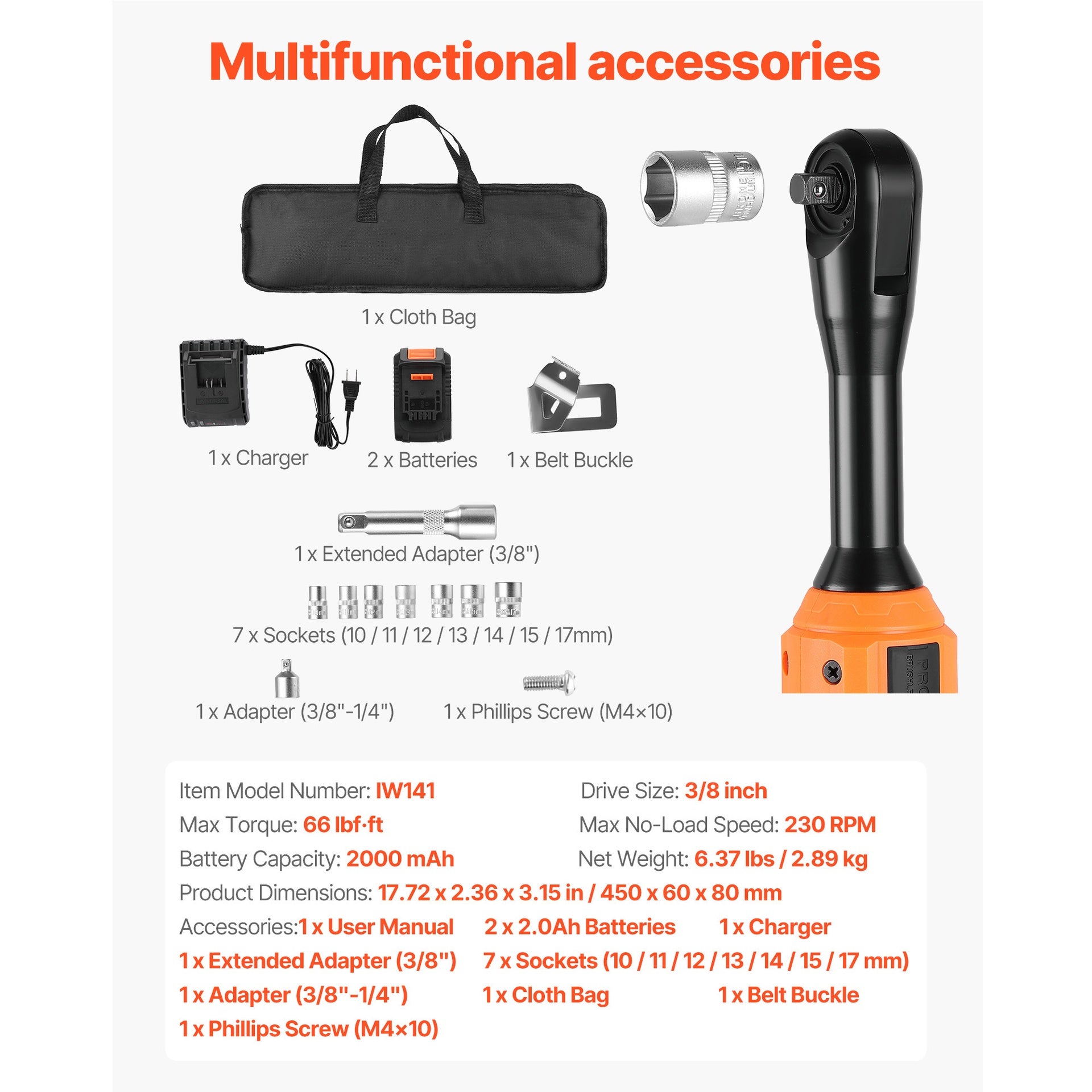 Cordless Ratchet Wrench, 3/8 inch Drive, 230 RPM, up to 66 ft-lbs of Torque, Battery Powered Electric Ratchet Wrench Set with Two 2.0Ah Batteries, Charger, Sockets, Adaptors and Cloth Bag