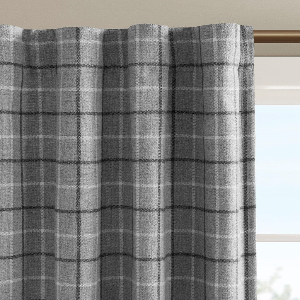 Plaid Rod Pocket and Back Tab Curtain Panel with Fleece Lining Grey 50x95"