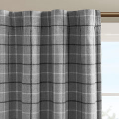 Plaid Rod Pocket and Back Tab Curtain Panel with Fleece Lining Grey 50x95"