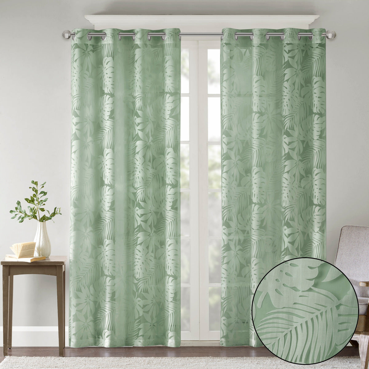 Palm Leaf Burnout Window Sheer Sage Green 50x95"
