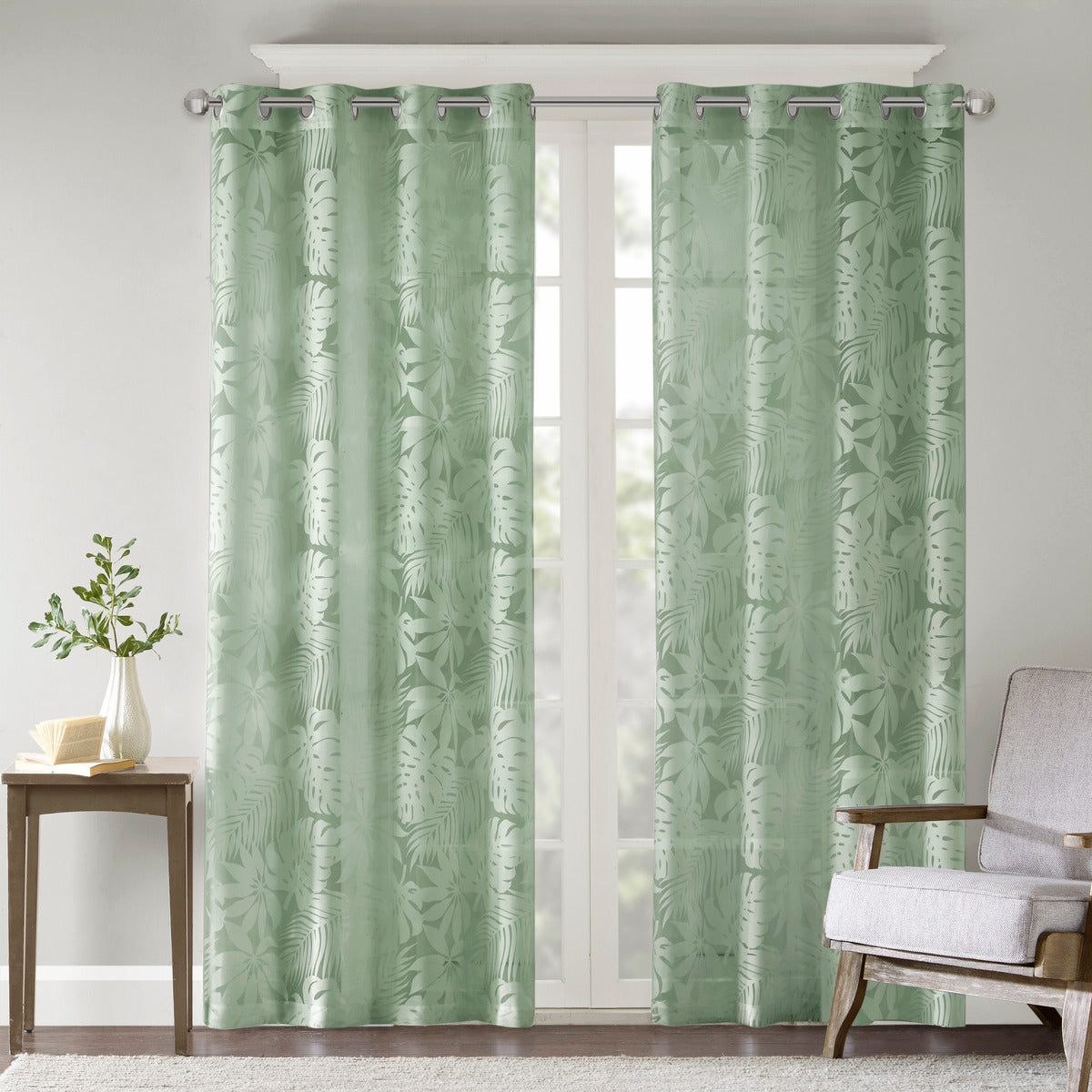 Palm Leaf Burnout Window Sheer Sage Green 50x95"