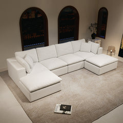 137.8*68.9"Modular sectional sofa seat,Upholstered compressed couch for living room,Bedroom,Apartment,No assembly required,5PC free combination,Plush corduroy fabric,WHITE
