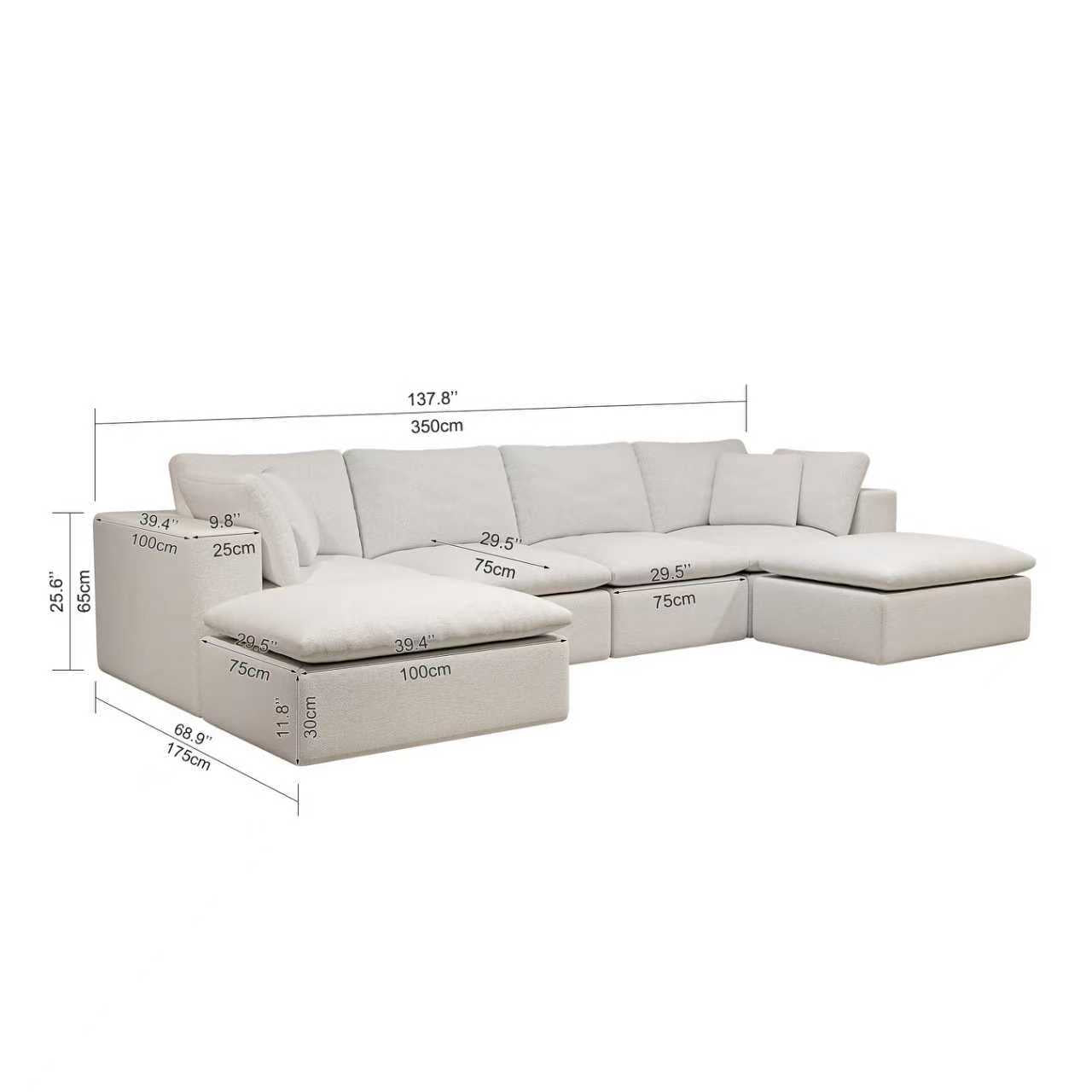 137.8*68.9"Modular sectional sofa seat,Upholstered compressed couch for living room,Bedroom,Apartment,No assembly required,5PC free combination,Plush corduroy fabric,WHITE