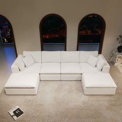 137.8*68.9"Modular sectional sofa seat,Upholstered compressed couch for living room,Bedroom,Apartment,No assembly required,5PC free combination,Plush corduroy fabric,WHITE