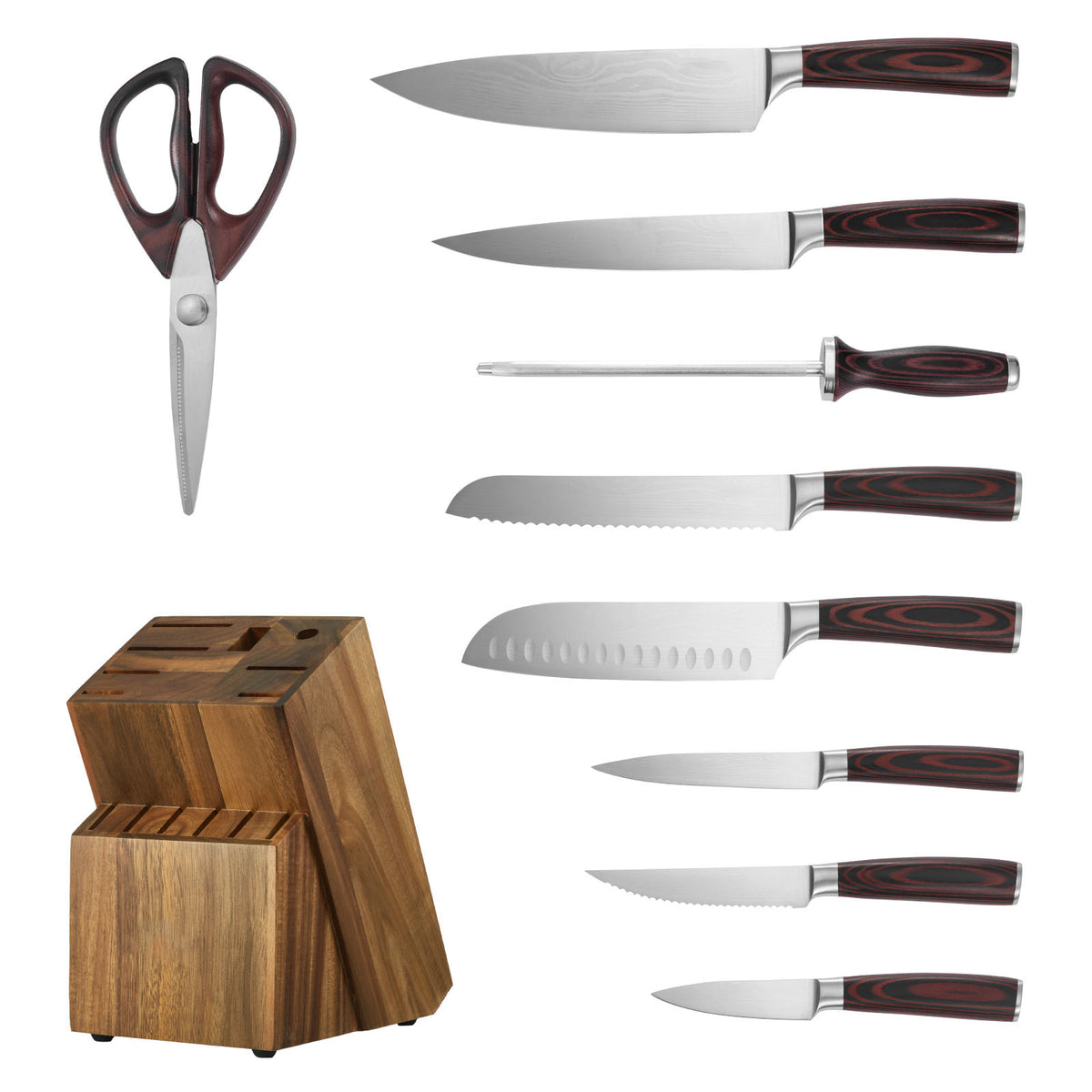 Kitchen Knife Set with Block and Sharpener, 15 Piece High Carbon Stainless Steel Knife Set, Rust-Resistant Kitchen Cutlery with Ergonomic Handle, Sharpening Rod & Premium Wooden Block, for Home