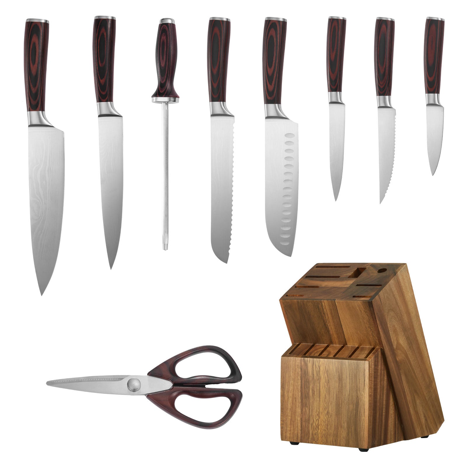Kitchen Knife Set with Block and Sharpener, 15 Piece High Carbon Stainless Steel Knife Set, Rust-Resistant Kitchen Cutlery with Ergonomic Handle, Sharpening Rod & Premium Wooden Block, for Home