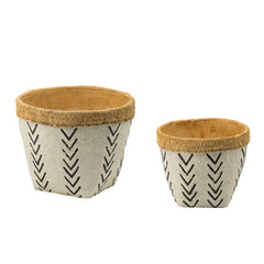 Set of 2 White and Brown Cement Planters with V Pattern, L:D10x8"  S:D8x6.5"