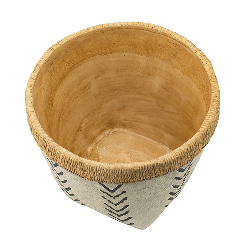 Set of 2 White and Brown Cement Planters with V Pattern, L:D10x8"  S:D8x6.5"