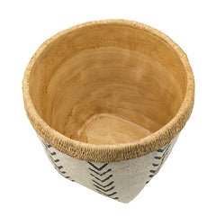 Set of 2 White and Brown Cement Planters with V Pattern, L:D10x8"  S:D8x6.5"