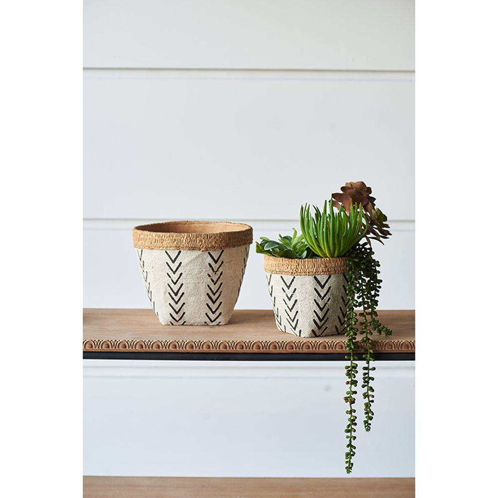 Set of 2 White and Brown Cement Planters with V Pattern, L:D10x8"  S:D8x6.5"