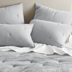 3-Piece King Cotton Gauze  Embroidered Quilt Set,Blue