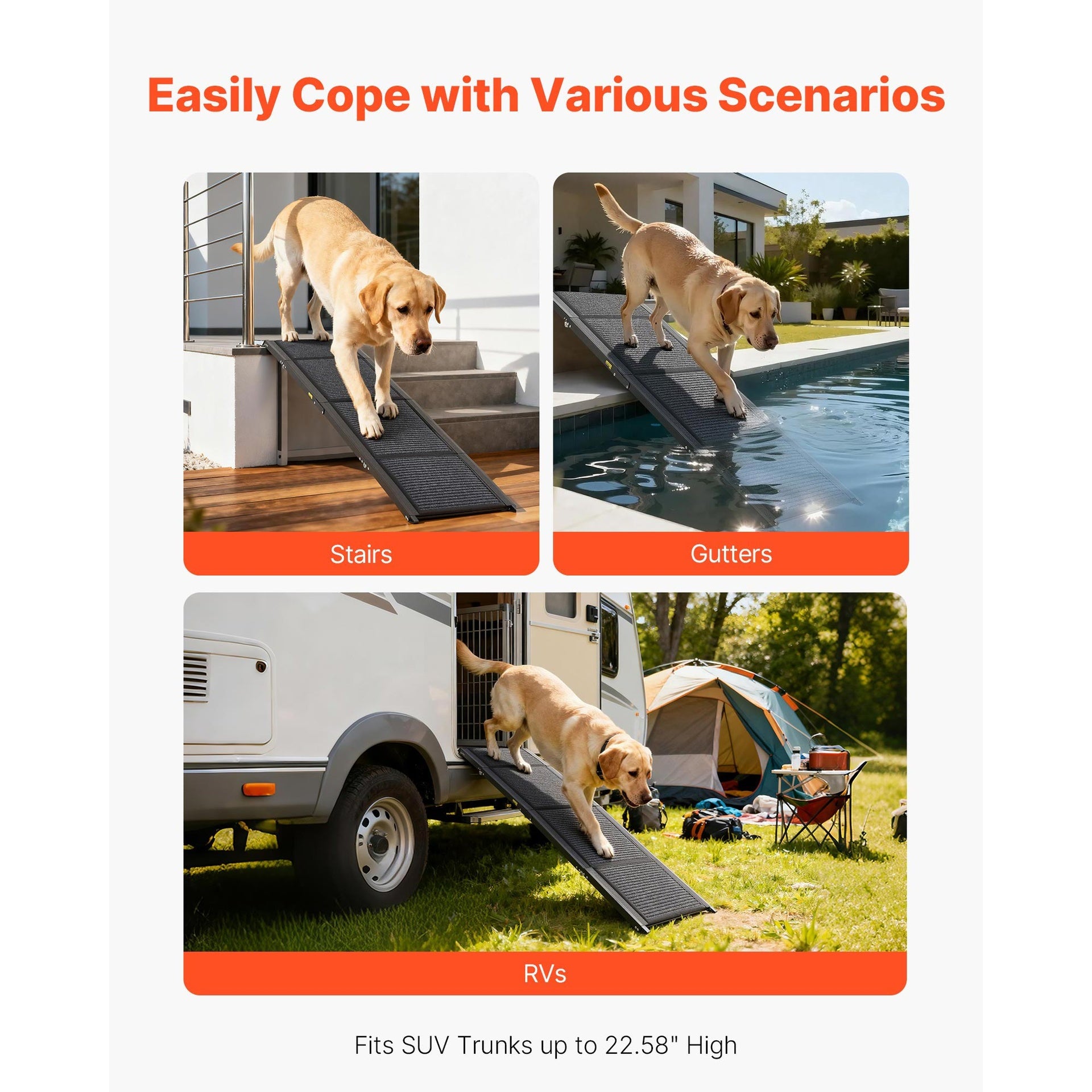 Dog Ramp for Cars, 63" L x 17" W, Folding Pet Ramps for Medium & Large Dogs up to 250lbs, Pet Stair Ramp with Non-Slip Felt Rug Surface, Portable Outdoor Dog Car Ramps for SUV & Truck