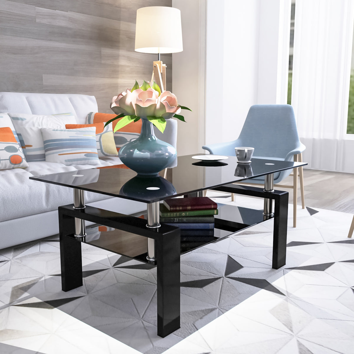 Rectangle Black Glass Coffee Table, Clear Coffee Table,Modern Side Center Tables for Living Room,Living Room Furniture