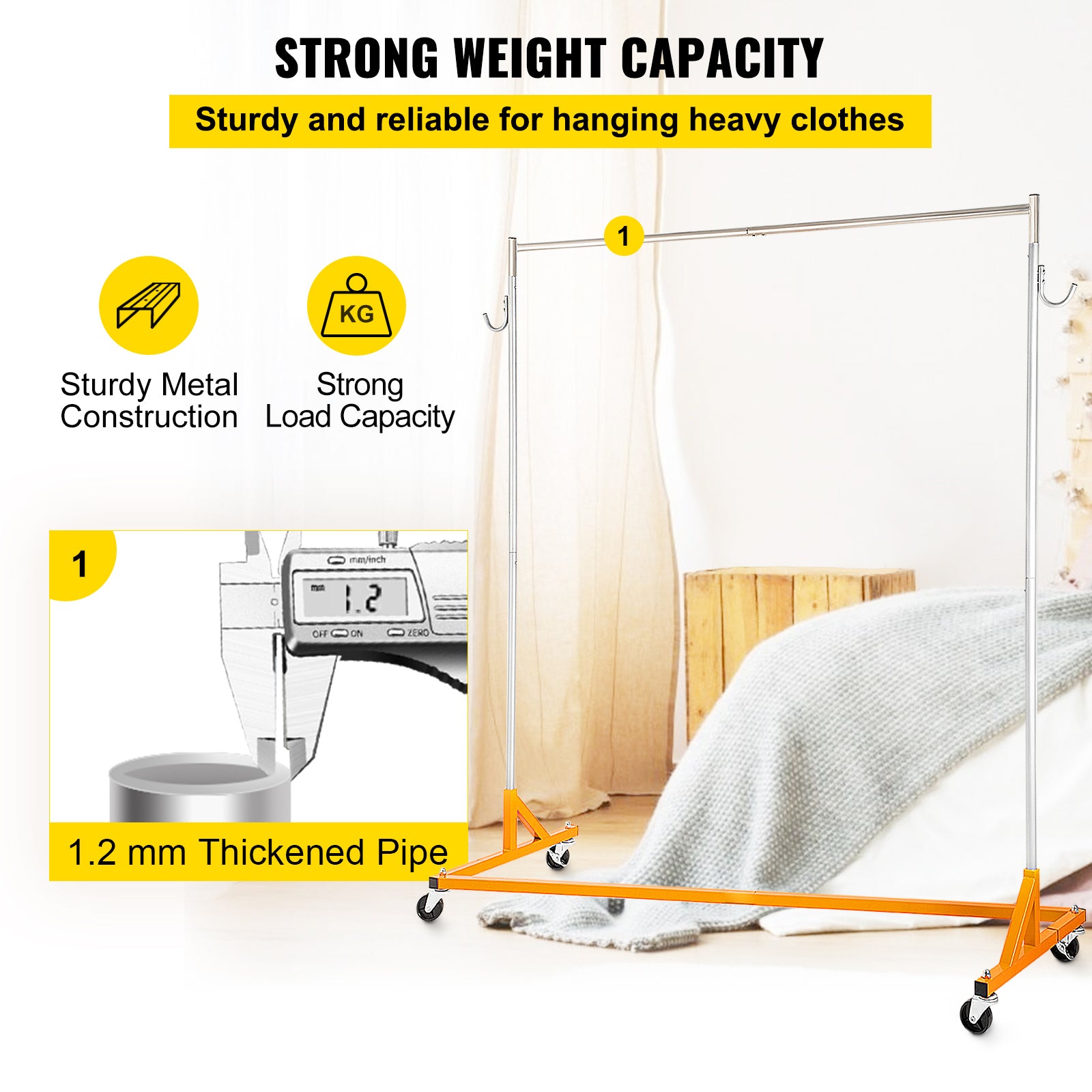 Z Rack, Industrial Grade Z Base Garment Rack, Height Adjustable Rolling Z Garment Rack, Sturdy Steel Z Base Clothing Rack w/ Lockable Casters for Home Garment Store Display Commercial Use Orange