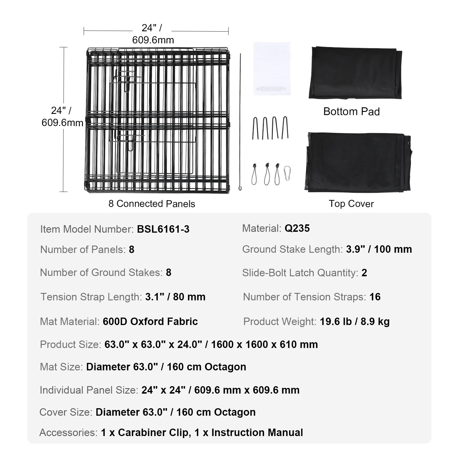 Dog Playpen, 8 Panels Foldable Metal Dog Exercise Pen with Top Cover and Bottom Pad, 24" H Pet Fence Puppy Crate Kennel, Indoor Outdoor Dog Pen for Small Medium Pets, for Camping, Yard