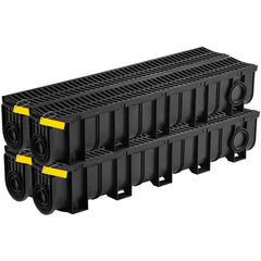 Trench Drain System, Channel Drain with Plastic Grate, 5.9x7.5-Inch HDPE Drainage Trench, Black Plastic Garage Floor Drain, 4x39 Trench Drain Grate, with 4 End Caps, for Garden, Driveway-4 Pack