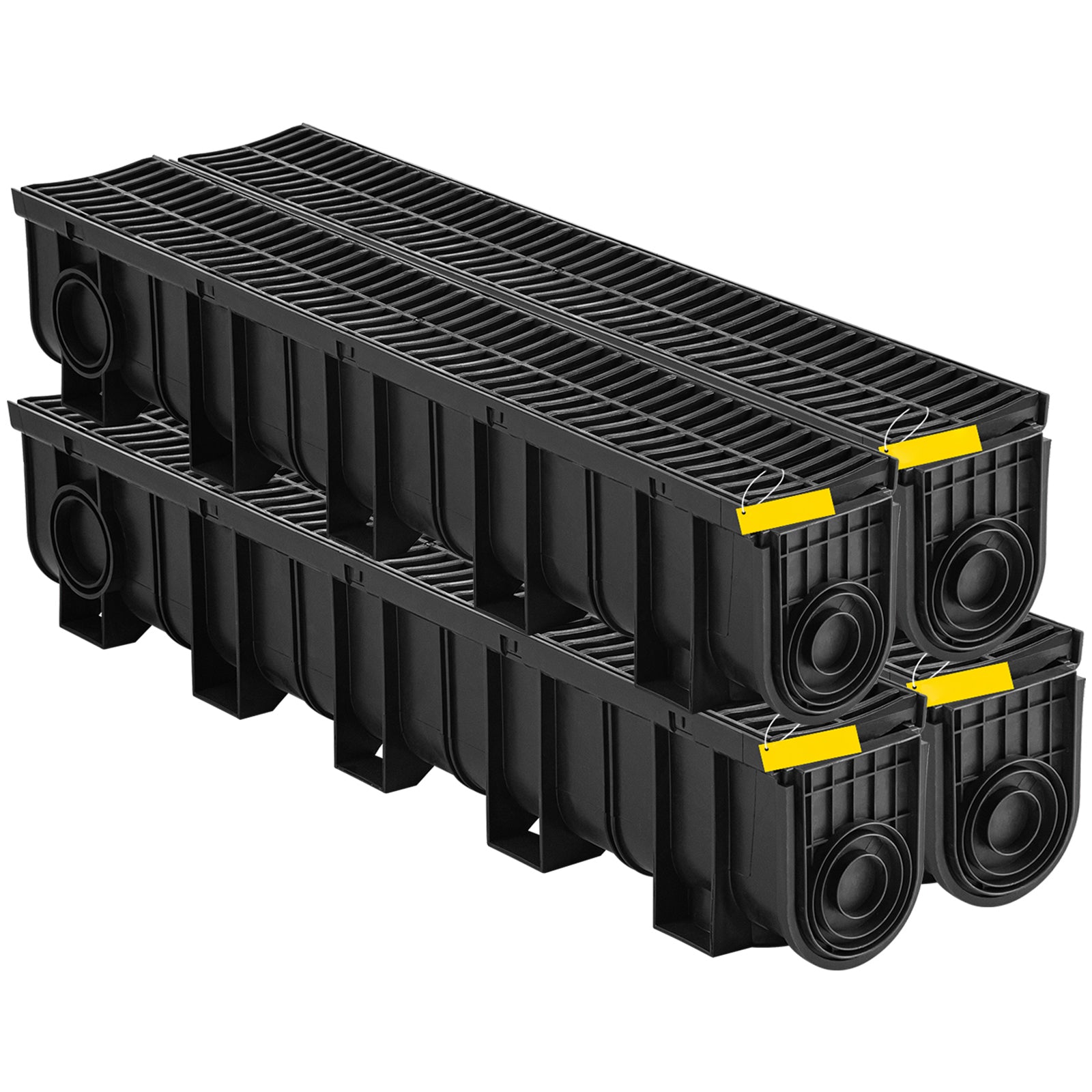 Trench Drain System, Channel Drain with Plastic Grate, 5.9x7.5-Inch HDPE Drainage Trench, Black Plastic Garage Floor Drain, 4x39 Trench Drain Grate, with 4 End Caps, for Garden, Driveway-4 Pack