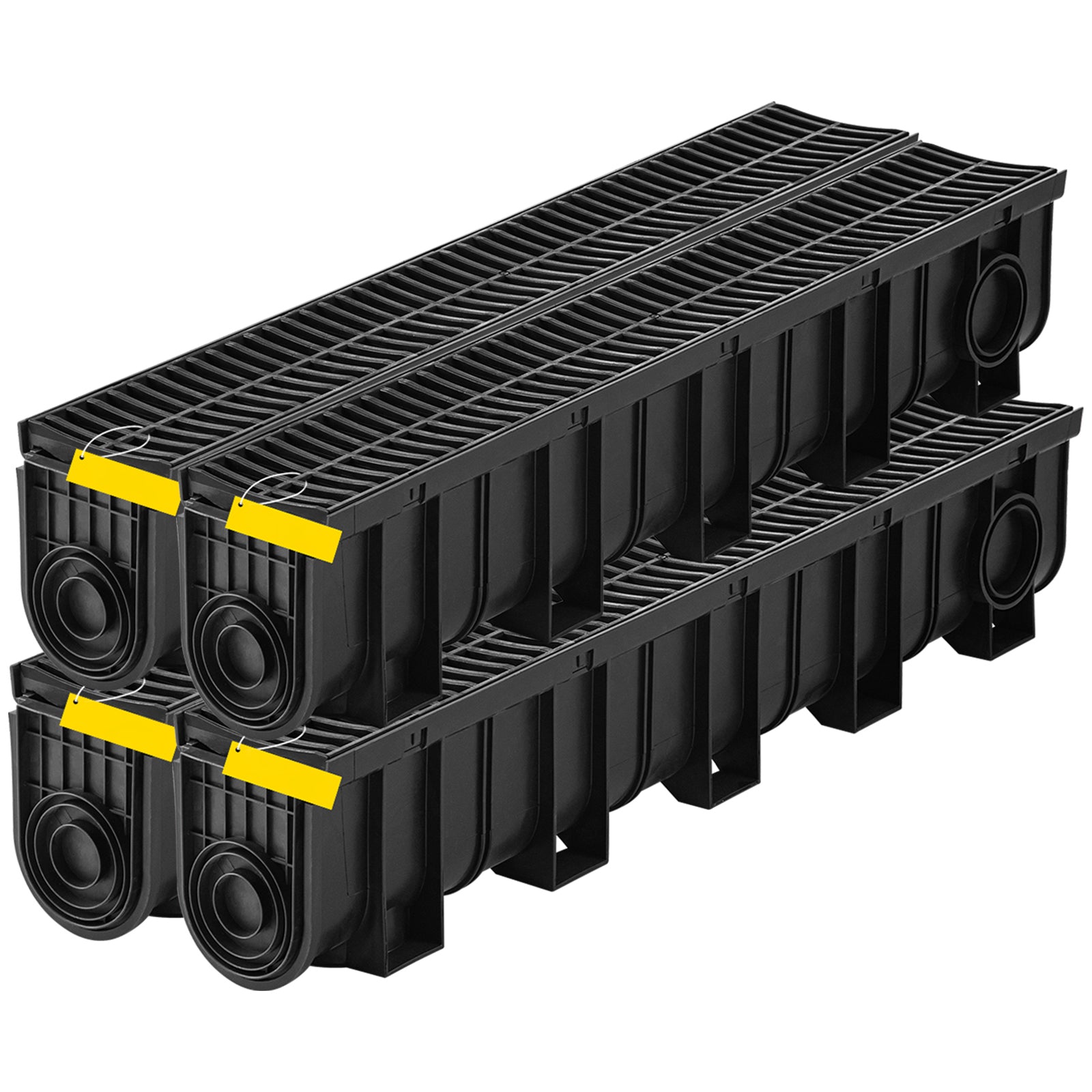 Trench Drain System, Channel Drain with Plastic Grate, 5.9x7.5-Inch HDPE Drainage Trench, Black Plastic Garage Floor Drain, 4x39 Trench Drain Grate, with 4 End Caps, for Garden, Driveway-4 Pack