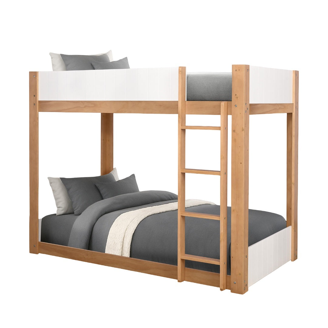 Contemporary Style Twin Over Twin Bunk Bed Lock Joint Side Rails Natural White Finish Bedroom Furniture