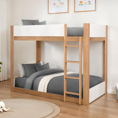 Contemporary Style Twin Over Twin Bunk Bed Lock Joint Side Rails Natural White Finish Bedroom Furniture