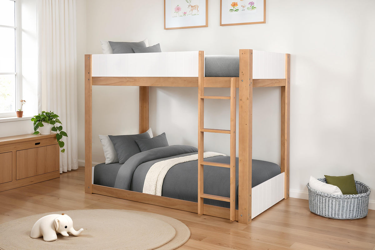 Contemporary Style Twin Over Twin Bunk Bed Lock Joint Side Rails Natural White Finish Bedroom Furniture
