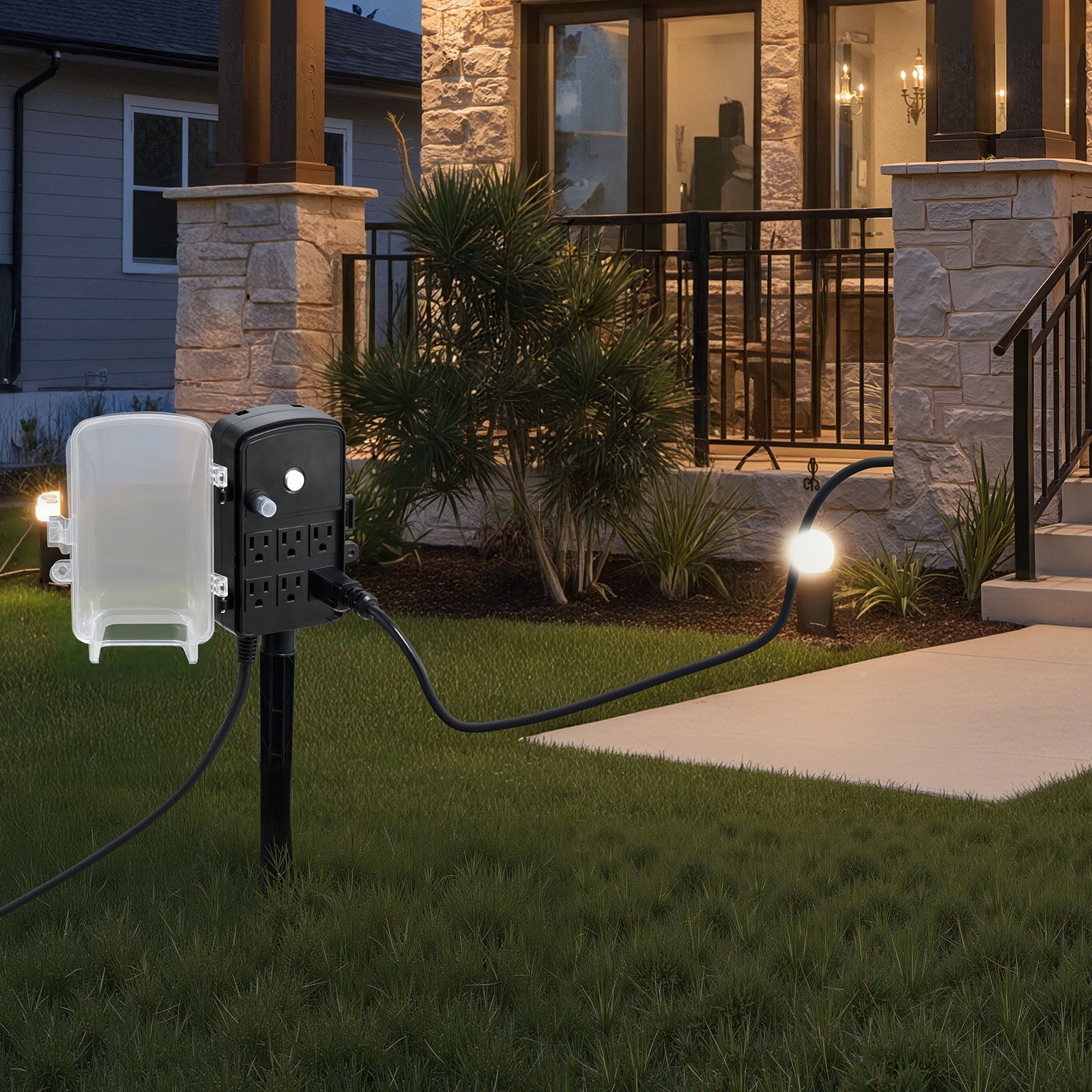 Outdoor Power Stake, 50 FT Extension Cord, Outdoor Power Strip Weatherproof with Cover and Overload Protection, 6 Outlets, 15A/1875W, Waterproof Multi-Outlet Yard Stake for Christmas Lights