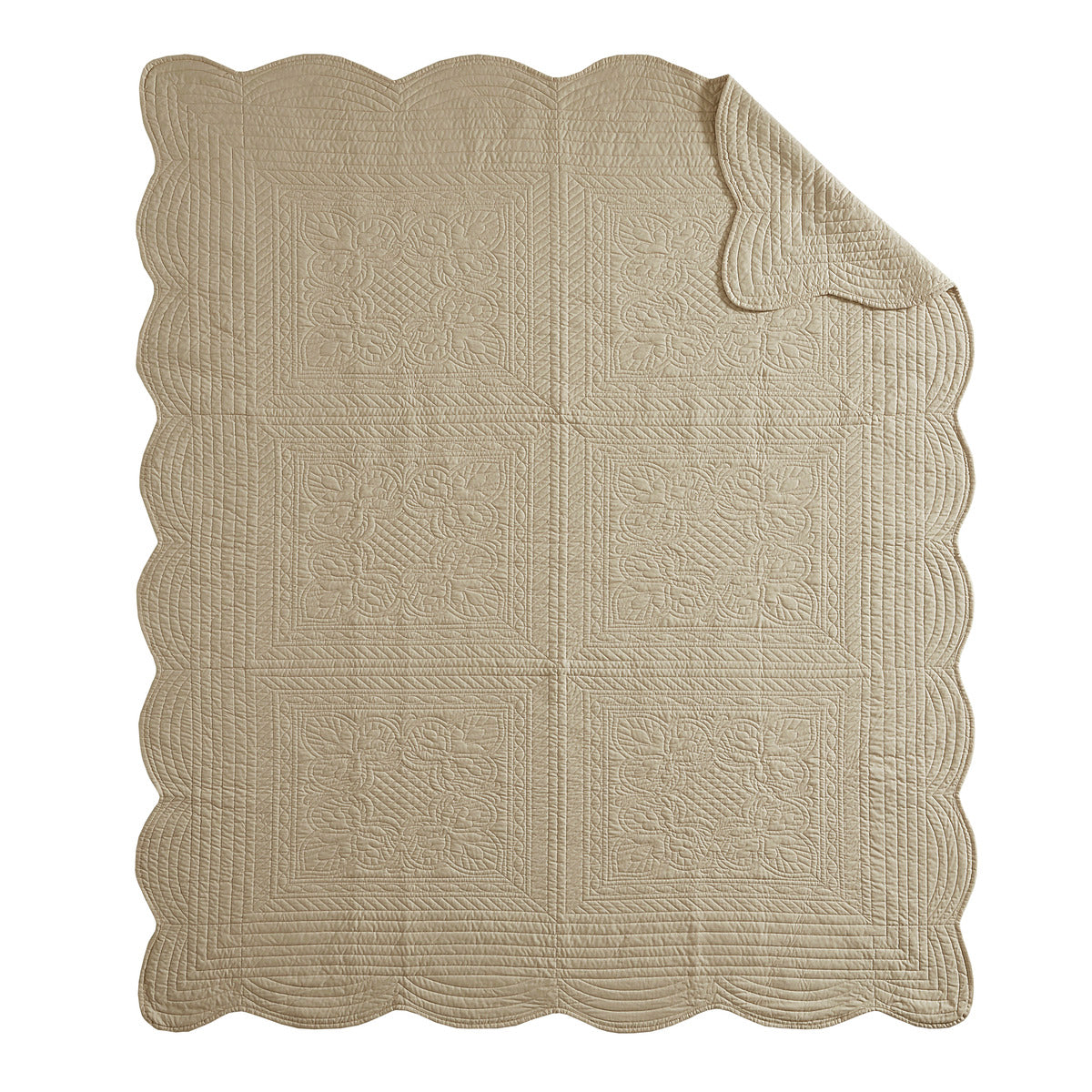 Oversized Quilted Throw with Scalloped Edges Khaki 60x72"