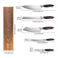 Kitchen Knife Set, 6 Piece High Carbon Stainless Steel Sharp Knife Set, Professional Kitchen Cutlery with Ergonomic Crack-Resistant Handle, and Walnut Finish Powerful Magnetic Knives Holder