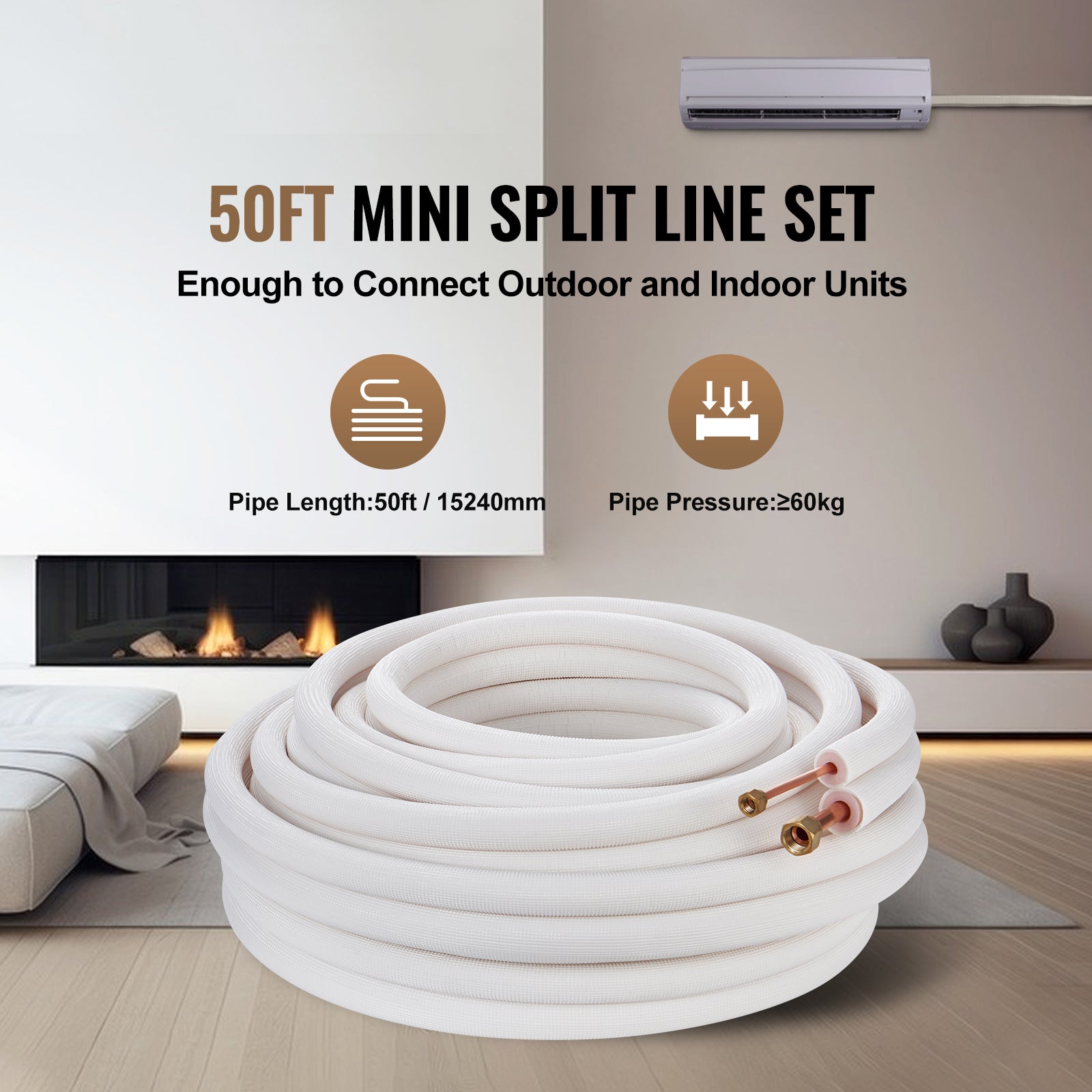 50FT Mini Split Line Set, 1/4" & 1/2" O.D Copper Pipes Tubing and Triple-Layer Insulation, for Mini Split Air Conditioning Refrigerant or Heating Pump Equipment & HVAC with Wrapping Strips.