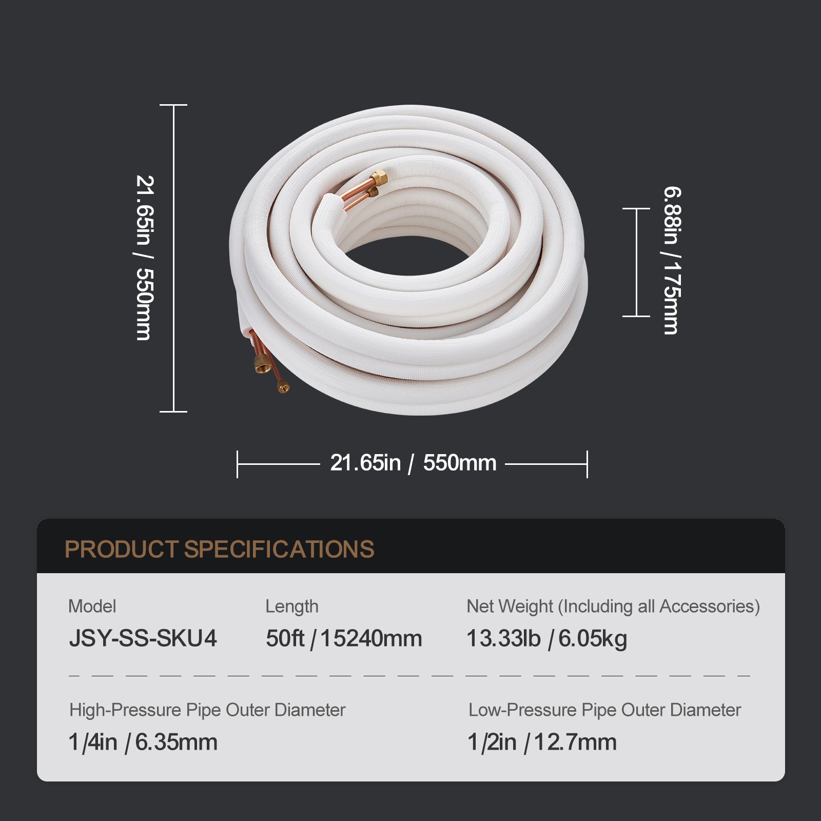 50FT Mini Split Line Set, 1/4" & 1/2" O.D Copper Pipes Tubing and Triple-Layer Insulation, for Mini Split Air Conditioning Refrigerant or Heating Pump Equipment & HVAC with Wrapping Strips.