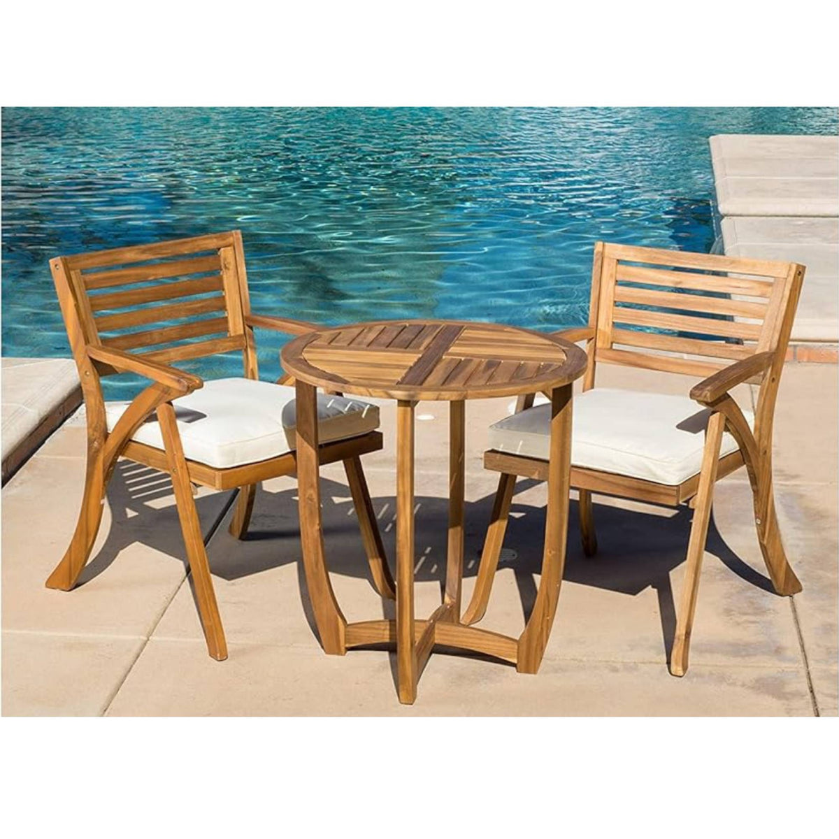 Outdoor Hermosa 3 Pieces KD Wood Dining Set With Cushions,Teak Finish