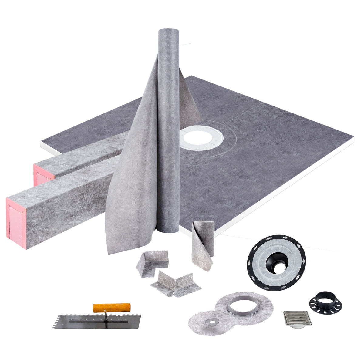 Shower Curb Kit, 48"x48" Watertight Shower Curb Overlay with 4" PVC Central Bonding Flange, 4" Stainless Steel Grate, 2 Cuttable Shower Curb and Trowel, Shower Pan Slope Sticks Fit for Bathroom