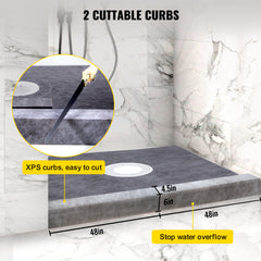 Shower Curb Kit, 48"x48" Watertight Shower Curb Overlay with 4" PVC Central Bonding Flange, 4" Stainless Steel Grate, 2 Cuttable Shower Curb and Trowel, Shower Pan Slope Sticks Fit for Bathroom