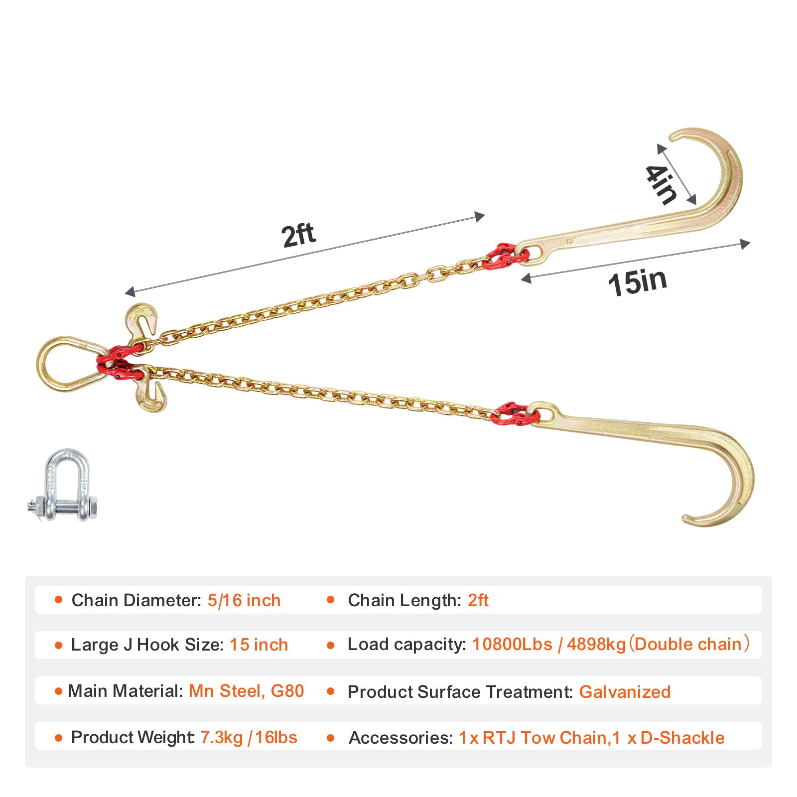 5/16" x 2' G80 Tow Chain J Hook V-Chain Bridle Grab Hook Wrecker 10800 lbs