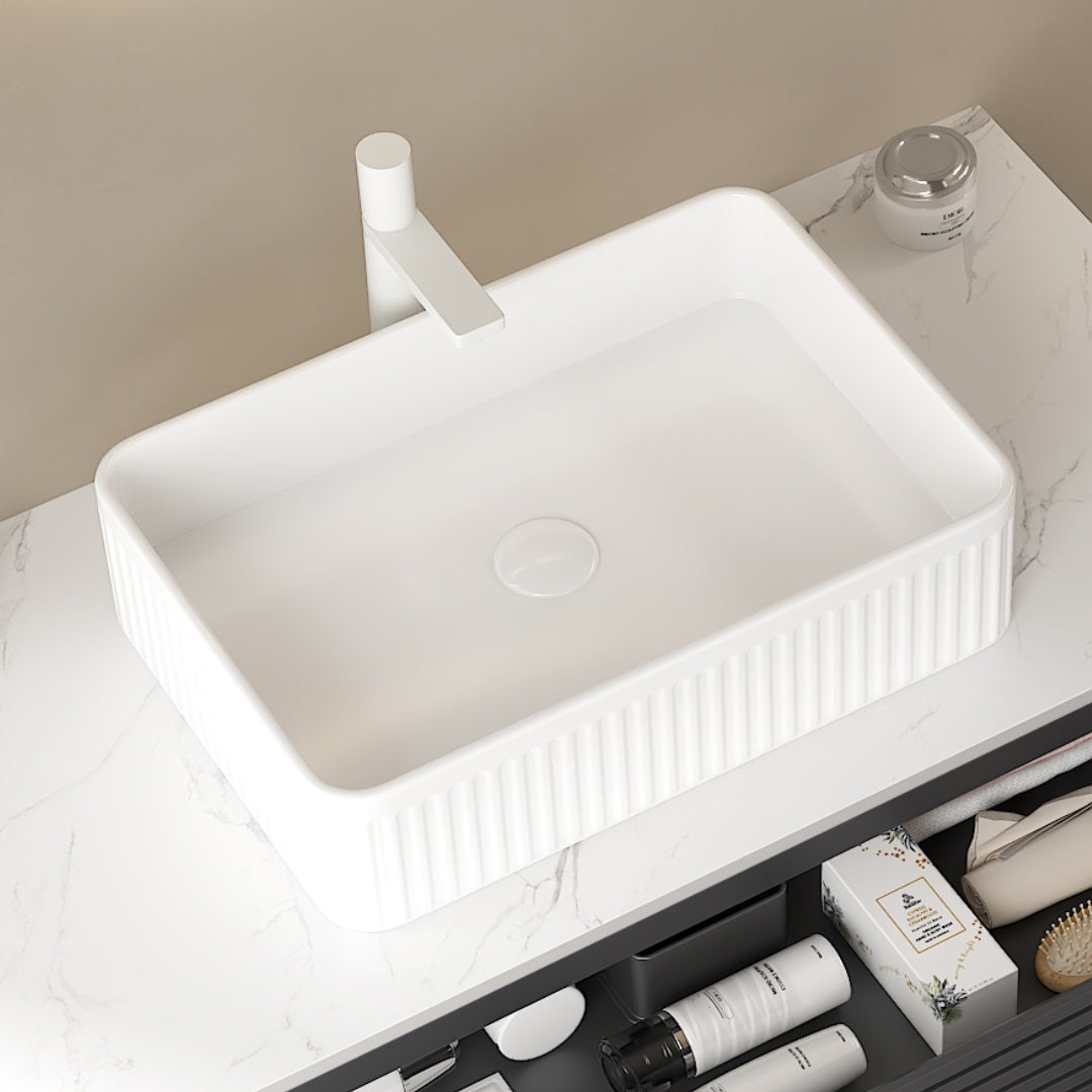 20'' Bathroom Sink, Rectangular Striped Vessel Ceramic Basin without Faucet, NO Cabinet, White