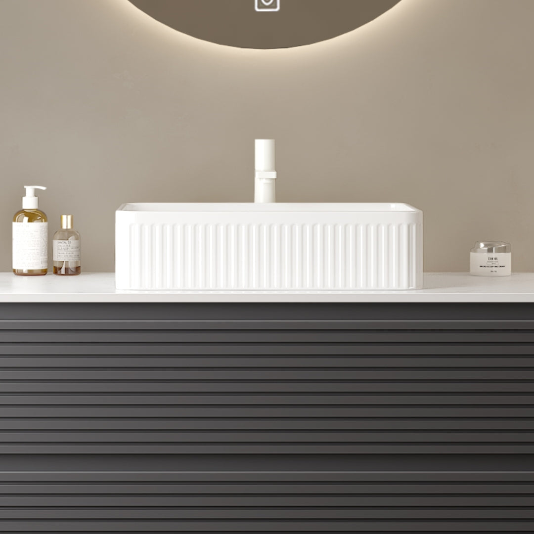 20'' Bathroom Sink, Rectangular Striped Vessel Ceramic Basin without Faucet, NO Cabinet, White