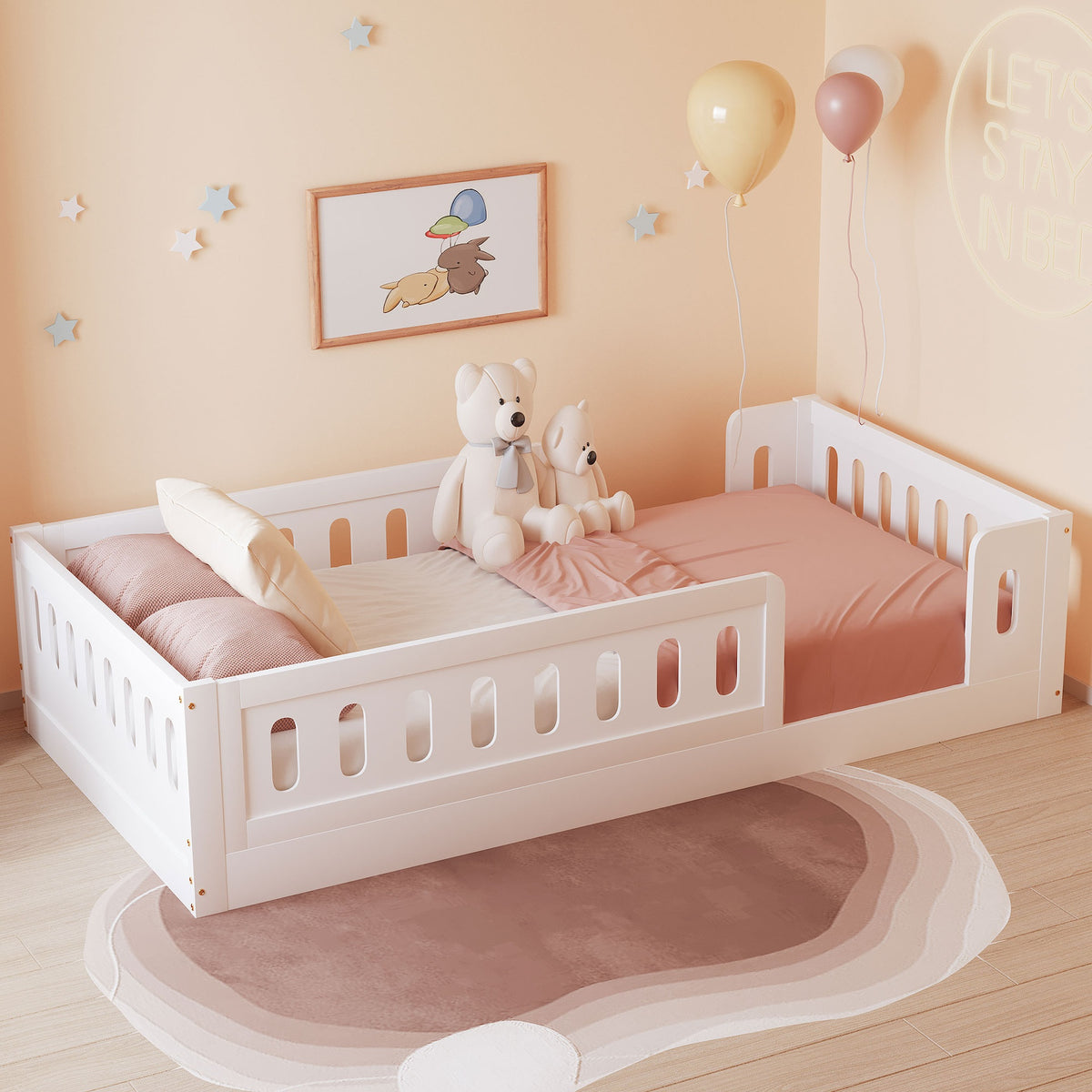 Wood Twin Size Platform Bed with Guardrail, White