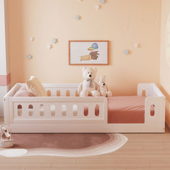 Wood Twin Size Platform Bed with Guardrail, White