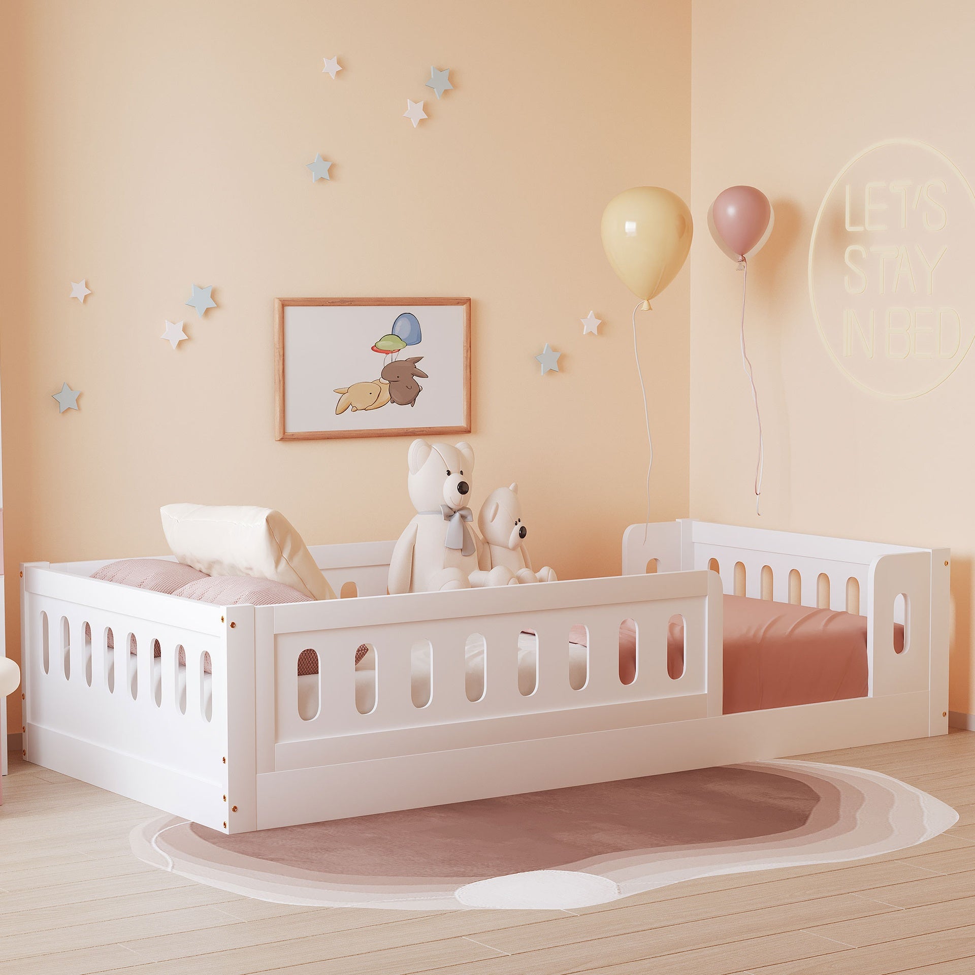 Wood Twin Size Platform Bed with Guardrail, White
