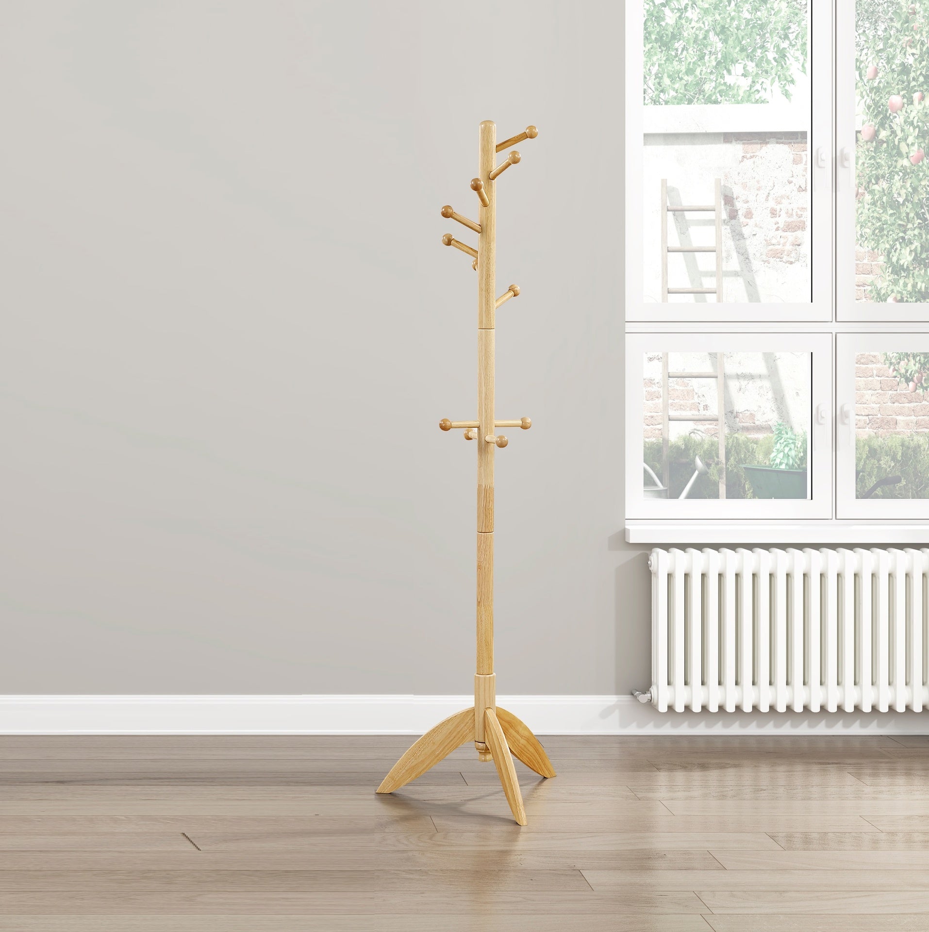 Natural Finish Coat Rack Solid Wood, 11 Hooks Coat Hanger Stand Entryway Home Furniture 1pc