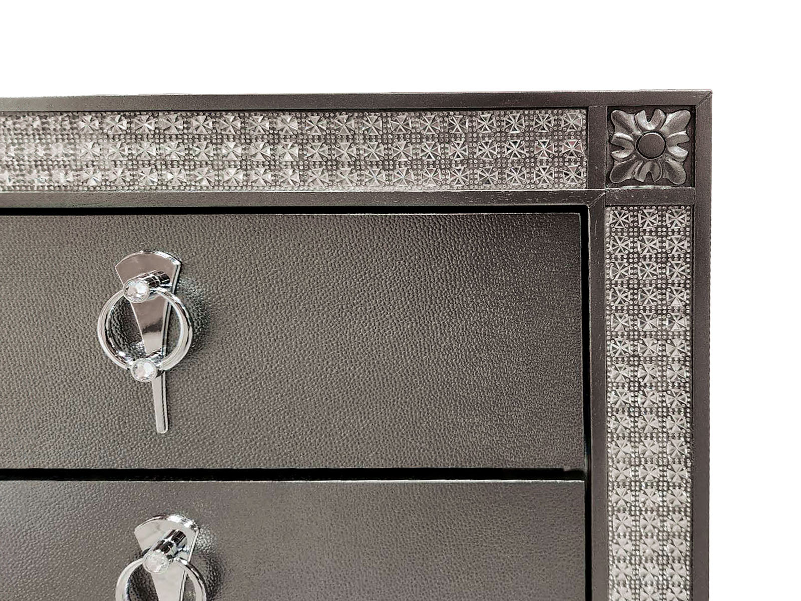 Glam Style 1pc Nightstand Nickel Ring Pulls Tapered Legs Acrylic Trim Gray Finish Bedroom Furniture